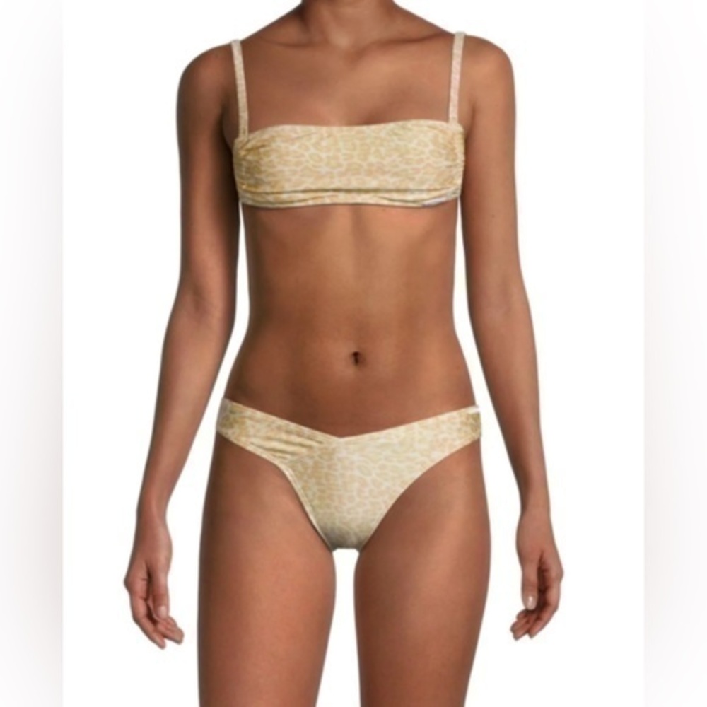 KENDALL + KYLIE Ruched Bandeau Squareneck Bikini Set in nude Leo LARGE